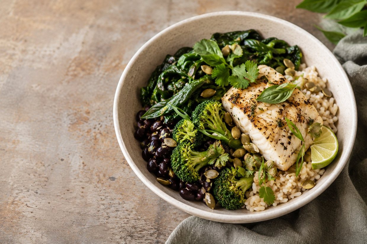 A nourishing bowl with fish, greens, broccoli, black beans, brown rice and pumpkin seeds