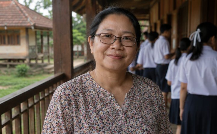 Mei Lin T. smiling on a school walkway